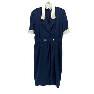 Vintage Liz Roberts 1980s Elegant Navy and Cream Women's Sailor Dress